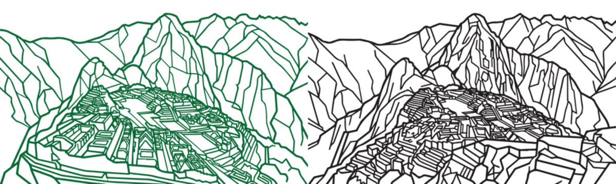 Vector line art illustration of Machu Picchu ancient Inca ruins and mountain landscape for travel design and coloring page