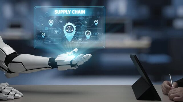 A robotic hand interacts with a digital supply chain management interface, showcasing innovation and technology in a modern workspace setup focused on efficiency and control. Salient