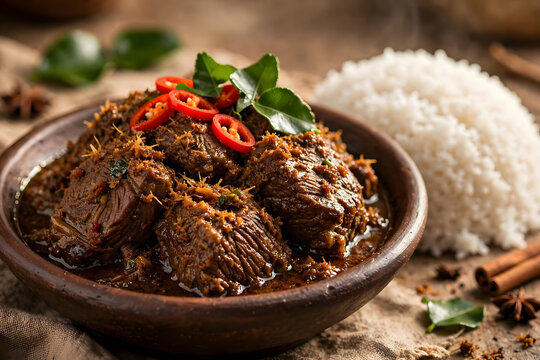 Traditional Indonesian beef rendang served with steamed white rice, herbs, and spices in a rustic clay bowl