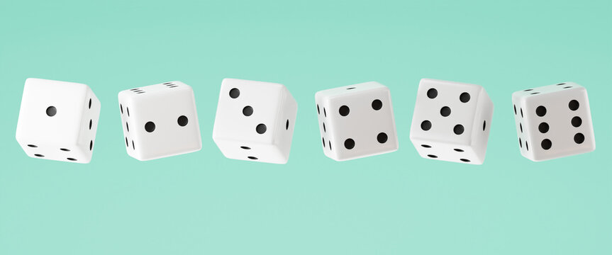 Six consecutive floating dice in a row on Aquamarine background. 6 White dices in a line. 3D floating dices