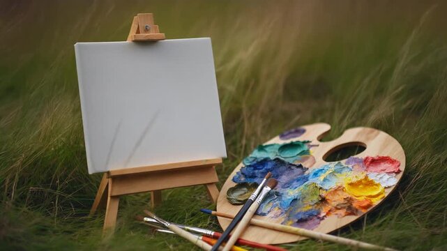 Blank canvas on a wooden easel with color palette and paintbrushes on green grass
