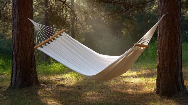 Empty white hammock suspended between two pine trees in sunlit summer forest