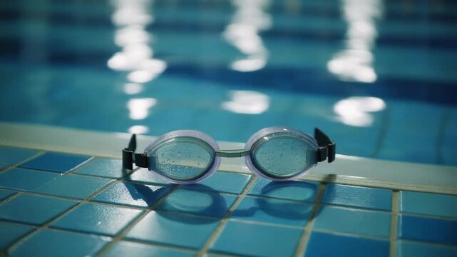 Swimming goggles on the tiled edge of an indoor pool with water reflection