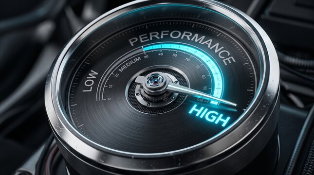 High performance metallic gauge speedometer with glowing cyan indicator reaching maximum level - perfect for automotive technology, business optimization, speed benchmarks, and high-efficiency concept