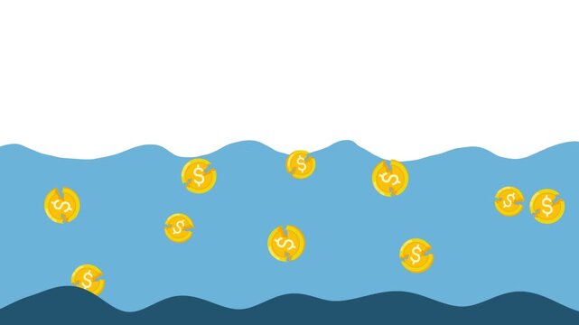 Multiple broken gold coins sinking underwater, symbolizing financial loss, economic decline, debt, and monetary instability.