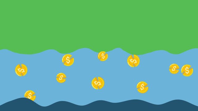 Multiple broken gold coins sinking underwater, symbolizing financial loss, economic decline, debt, and monetary instability.