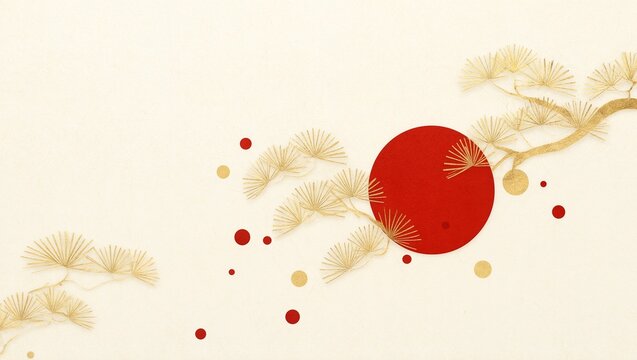 Modern Japanese New Year Abstract Art With Gold Foil and Pine Motif