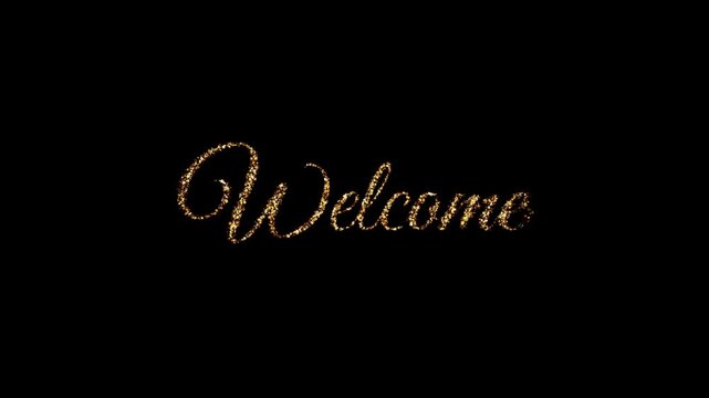 Elegant gold glitter welcome sign text on a luxurious dark black background.