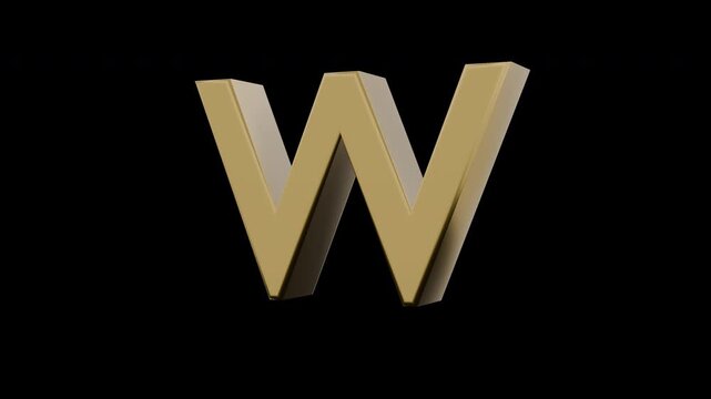 Rotating Gold 3D Letter W Loop Background Isolated on Transparent Background Loop