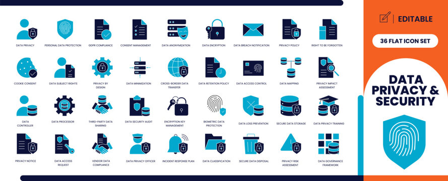 Data privacy and security glyph icon set
