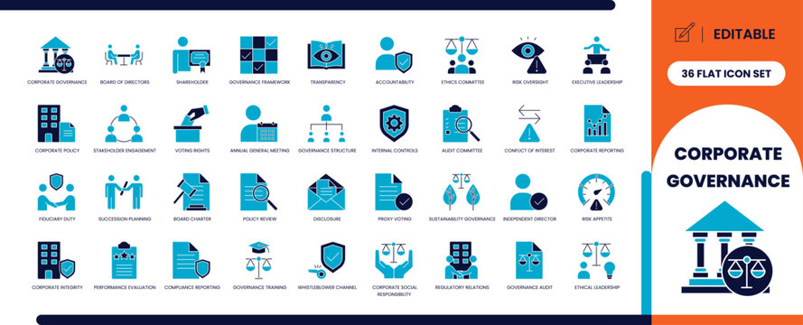 Corporate governance glyph icon set