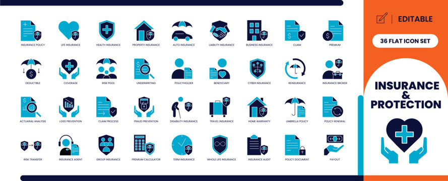 Insurance and protection glyph icon set