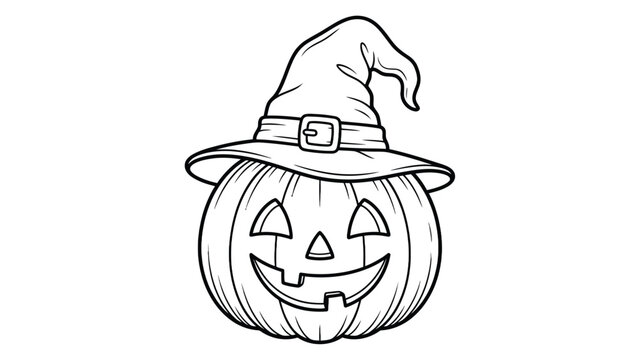 Spooky carved jack olantern wearing witch hat vector graphic illustration on white background