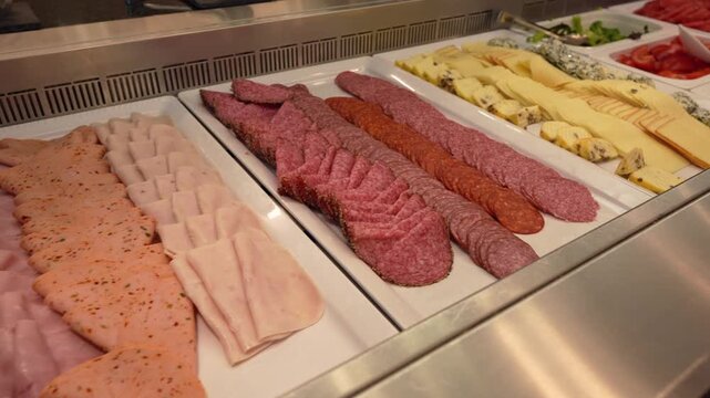 Sliced cold cuts and sausages are arranged in a chilled buffet counter. Cheese and vegetables are displayed beside meats.