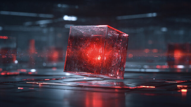 Glowing red translucent glass cube floating inside a dark high tech environment with sharp cinematic lighting