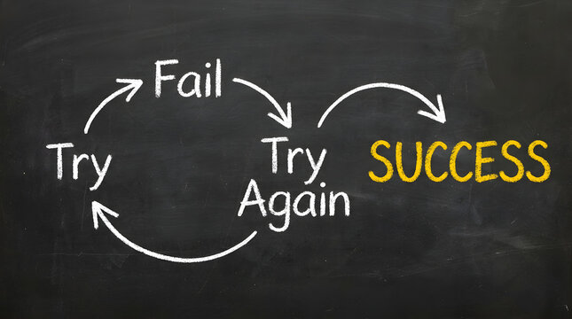 Handwritten white and yellow chalk conceptual diagram on a dark textured chalkboard illustrating a complete motivational cycle of try, fail, and try again leading directly to ultimate success
