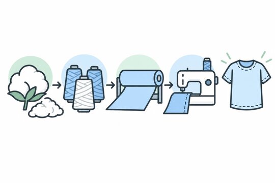 Clothing production stages connect raw fiber, spinning, fabric manufacture and sewing