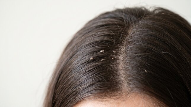 Head lice infestation visible on dark human hair strands close up