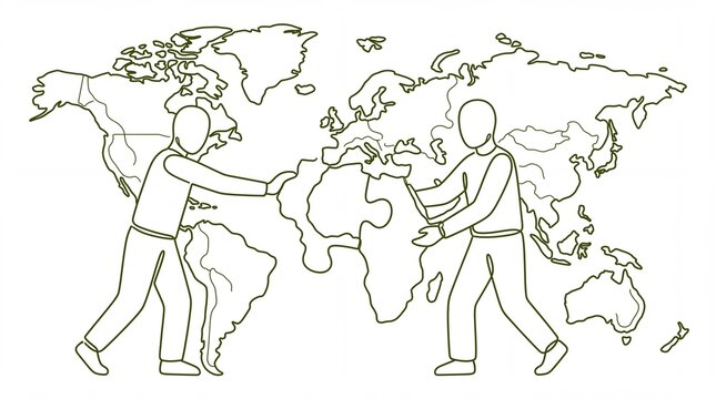 Word map globe vektor line art of people building the world puzzle