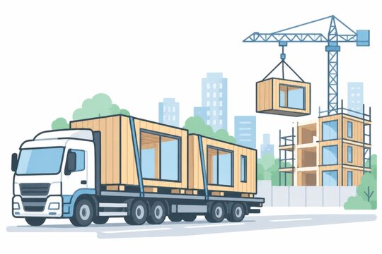 Prefabricated wooden building modules are transported to an urban construction site