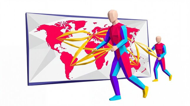 Word map globe vektor with low poly characters pulling connections