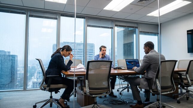 Stressed businesswoman in a modern conference room with diverse colleagues, deep in thought during a challenging business meeting overlooking a city skyline