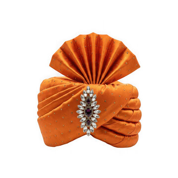 Traditional orange indian groom turban with crystal brooch isolated on transparent background