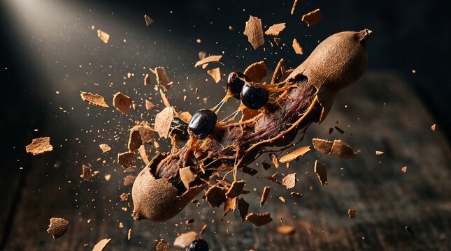 Tamarind pod shattering into fragments while exposing black seeds on dark wooden surface.
