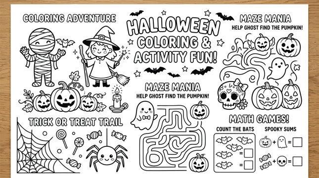 Halloween coloring page vector illustration featuring cute spooky characters and fun activity games on white background