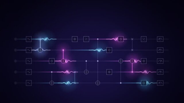 Quantum Circuit Diagram Qubit Wires with Glowing Wave Pulses Seamless Loop