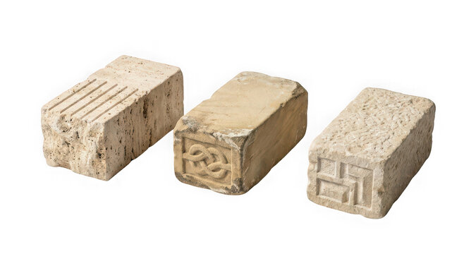 Three carved stone blocks with different geometric and celtic knot patterns isolated on transparent background