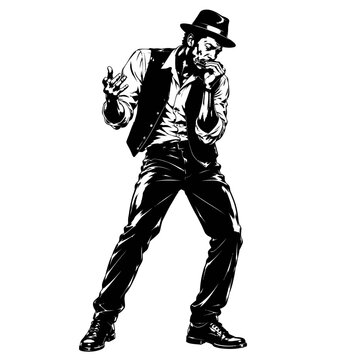 Black and white illustration of a man playing harmonica in a fedora