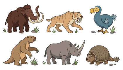 Prehistoric Extinct Animals Vector Illustration Set Featuring Woolly Mammoth Saber Toothed Tiger Dodo Bird and Glyptodon for History Education Graphic Designs © Miranara