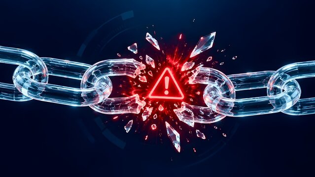 Transparent glass chain breaking into pieces with glowing red warning triangle representing weak link and critical system error