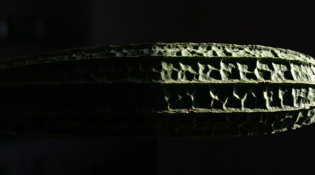 Textured green luffa vegetable close up dark dramatic lighting highlighting organic pattern.