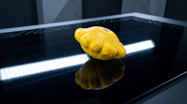Yellow pattypan squash resting on reflective black surface within modern kitchen environment.