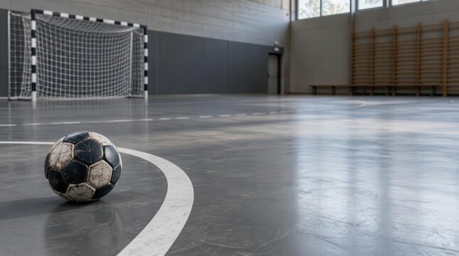 Soccer Ball on Indoor Court with Goal and Copy Space