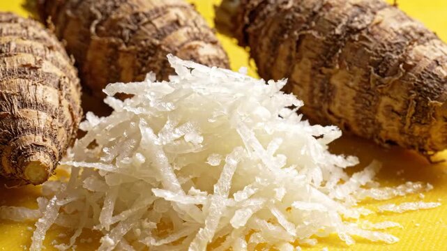 Close-up of raw taro roots and a pile of freshly grated taro on yellow.