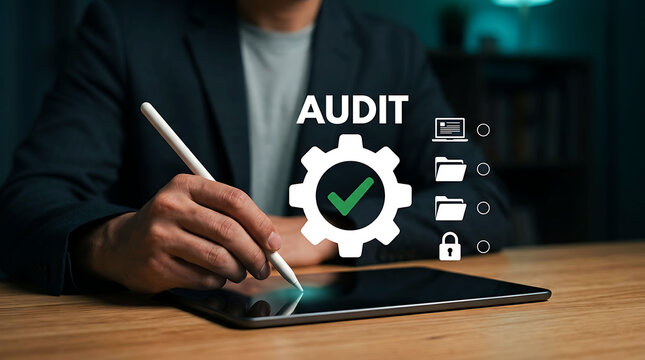 Professional auditor reviewing compliance checklist on a digital tablet screen