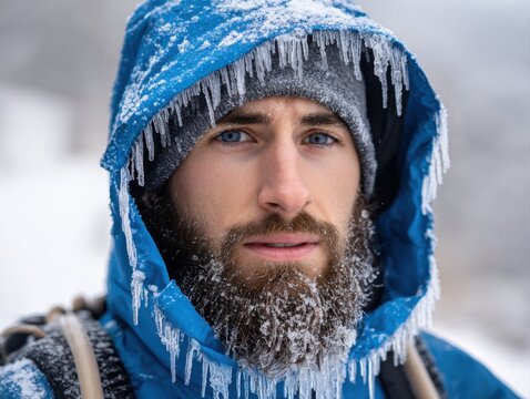 A portrait of a bearded man wearing a blue jacket covered in ice and icicles during a cold winter.