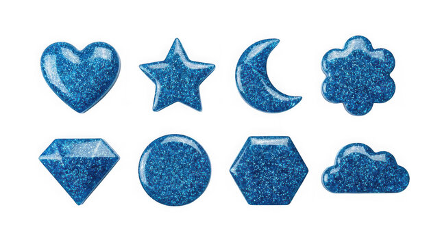 Set of blue glittery shapes isolated on transparent background
