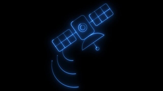 Blue neon outline of an orbiting communications satellite transmitting data signal data transmission signal