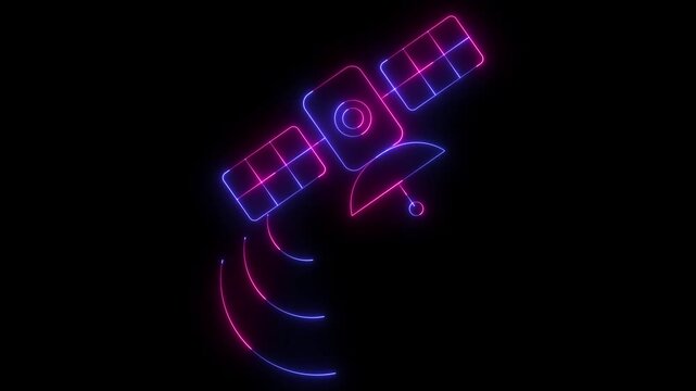 Purple and blue neon outline of an orbiting communications satellite transmitting data signal