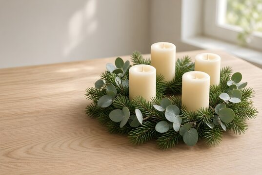 Pine advent wreath with four unlit candles on an oak table