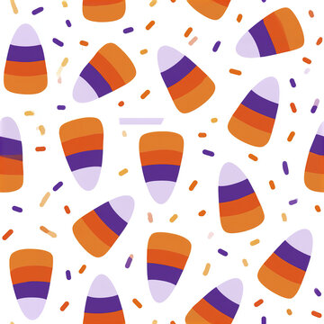 Candy corn pattern with orange purple and white colors scattered with colorful sprinkles for festive Halloween design
