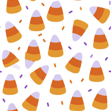 Candy corn pattern with orange, yellow, and purple colors scattered on white background for festive Halloween design
