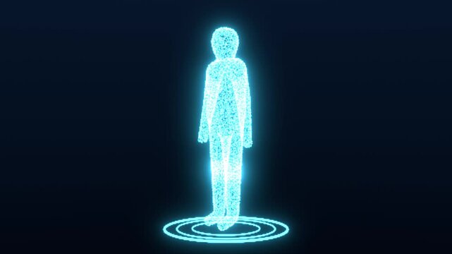 Rotating holographic human body made of glowing dots and lines