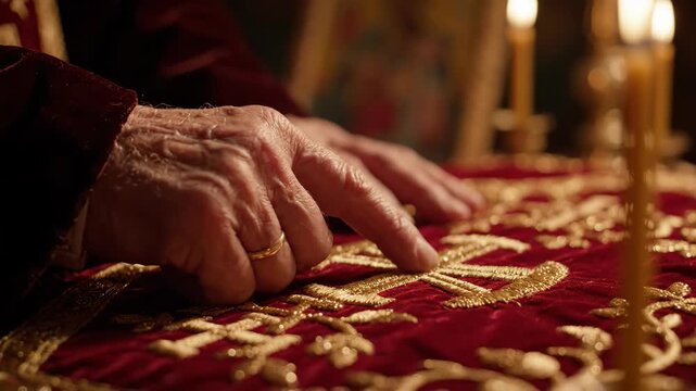 Close-up of an elderly hand touching sacred gold embroidery on red velvet.