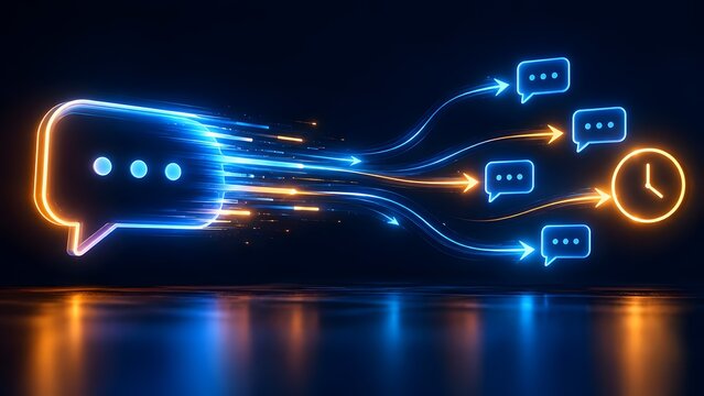 Fast moving glowing chat bubble icon splitting into multiple smaller bubbles towards a clock symbol representing quick response time