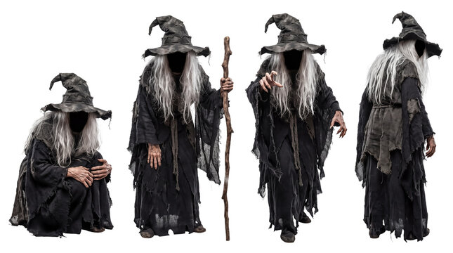 Four old witch figures in ragged black dress, pointed hat, staff